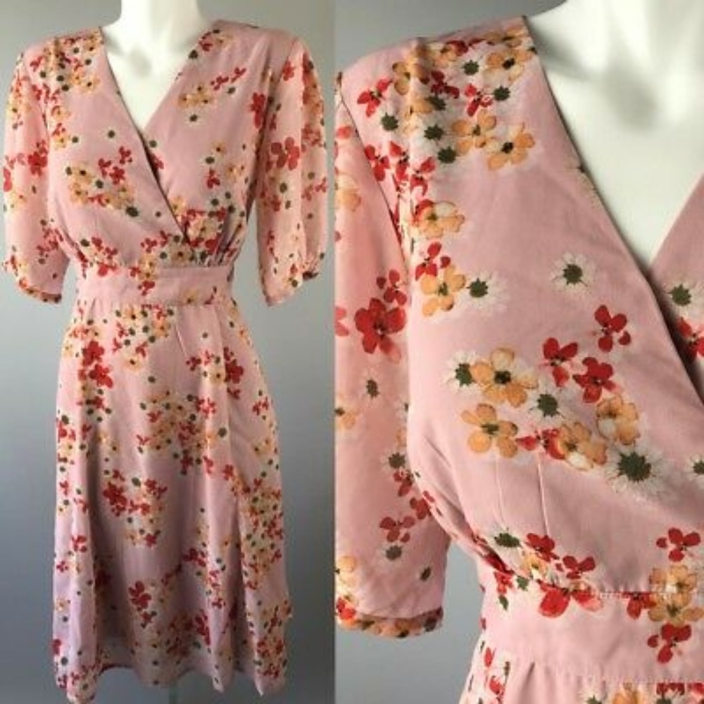 Eshakti Pink Cherry Blossoms Floral Wrap Dress